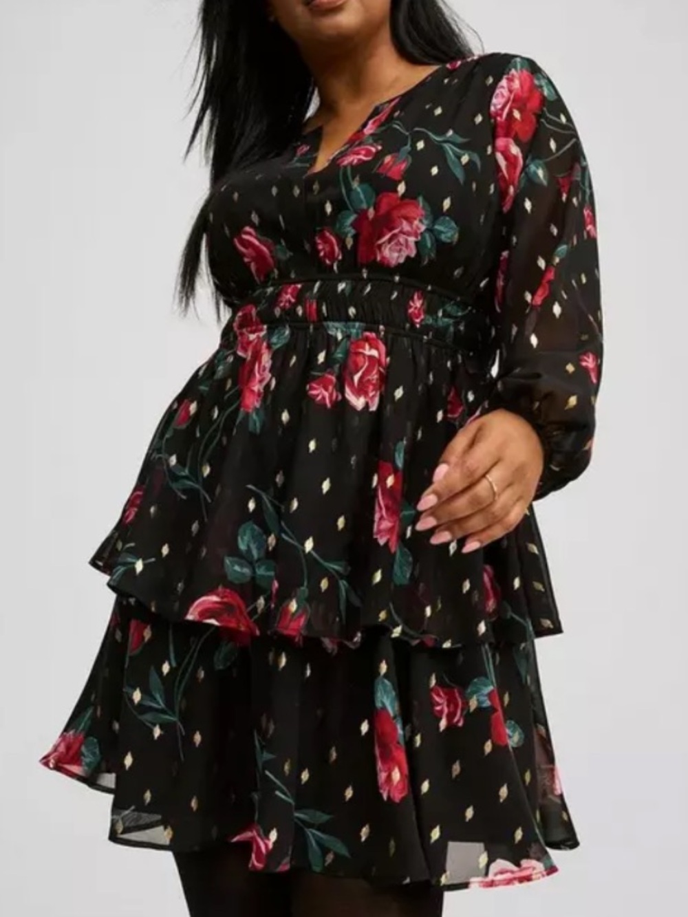 TORRID Black Floral Tiered Mini Dress with Blouson Sleeves